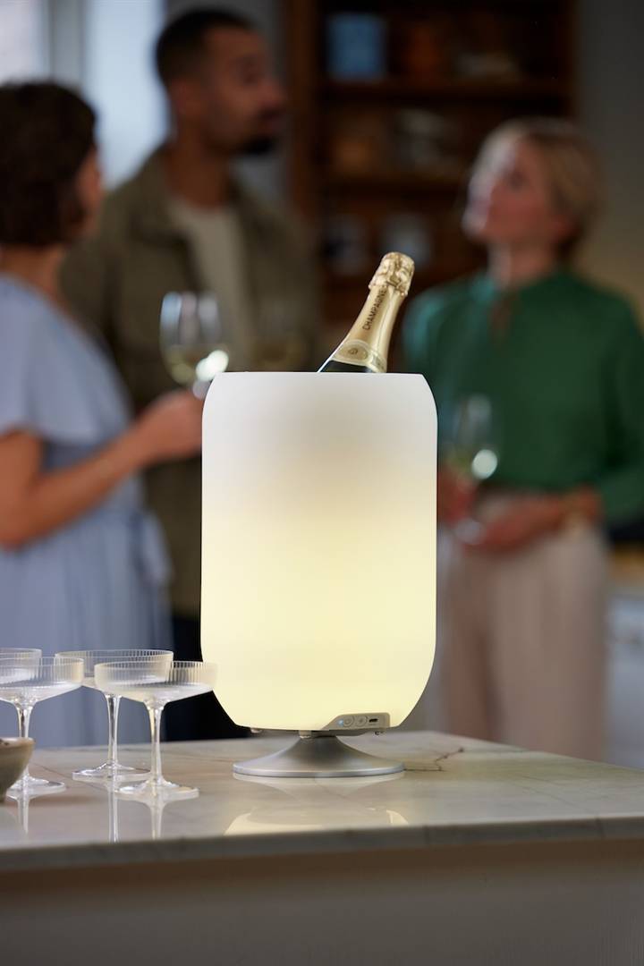 Atmos Led Lampe M/Højtaler & Drinks Køler, Børstet Sølv - Kooduu